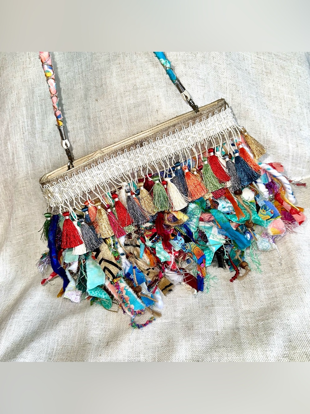 Handmade Boho Multi Color Tassel & Scrap Fabric Fringe Crossbody Purse Bag